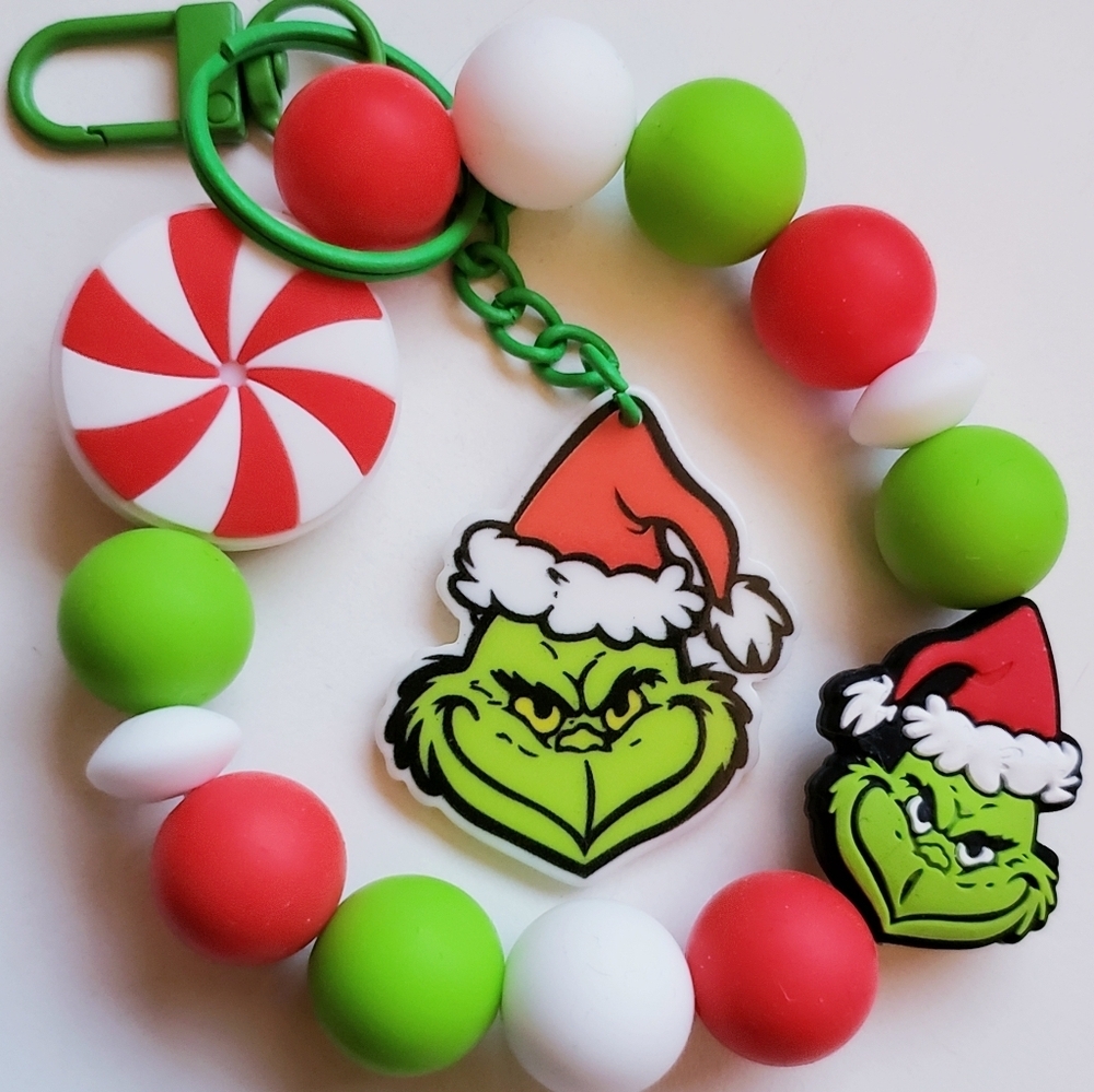 Handmade Holiday Grinch Silicone Focal Bead Wristlet Keychain Bracelet